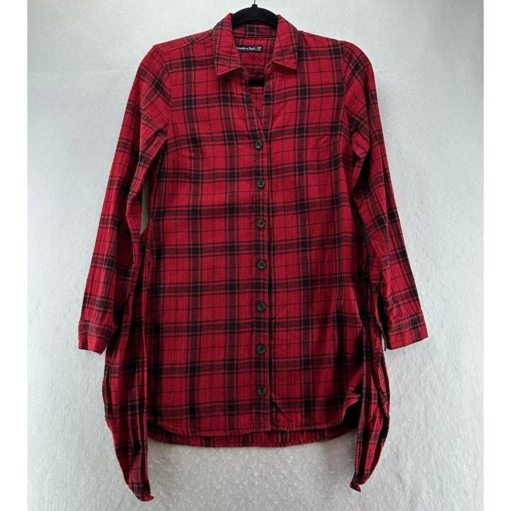 Abercrombie & Fitch Shirt Womens XSP Herringbone Plaid Long Sleeve Red